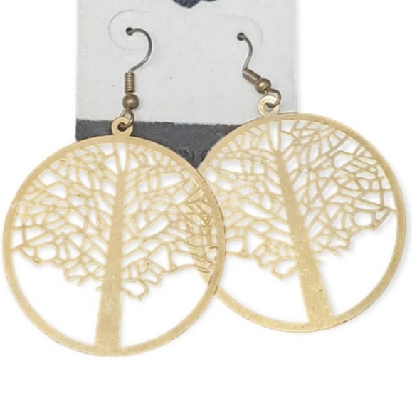 Gold Tone Tree of Life Earrings on Pierced Ear wires Lg 2" Hypoallergenic metal - Picture 6 of 7